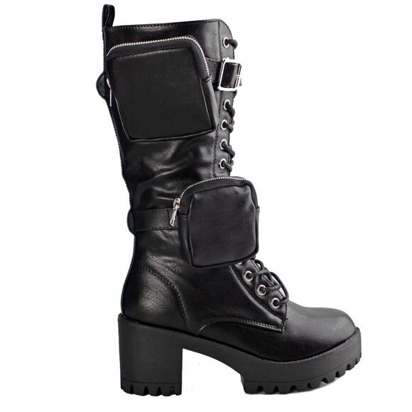 New Black Pouch Lace Up Long Combat Military Boots - Picture 2 of 3